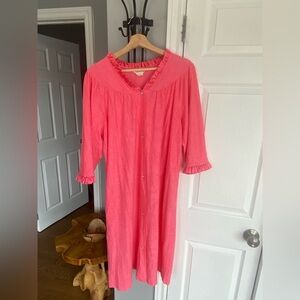 Vintage Serenity Coral Pink Ruffle Nightgown – Button Front, 3/4 Sleeves